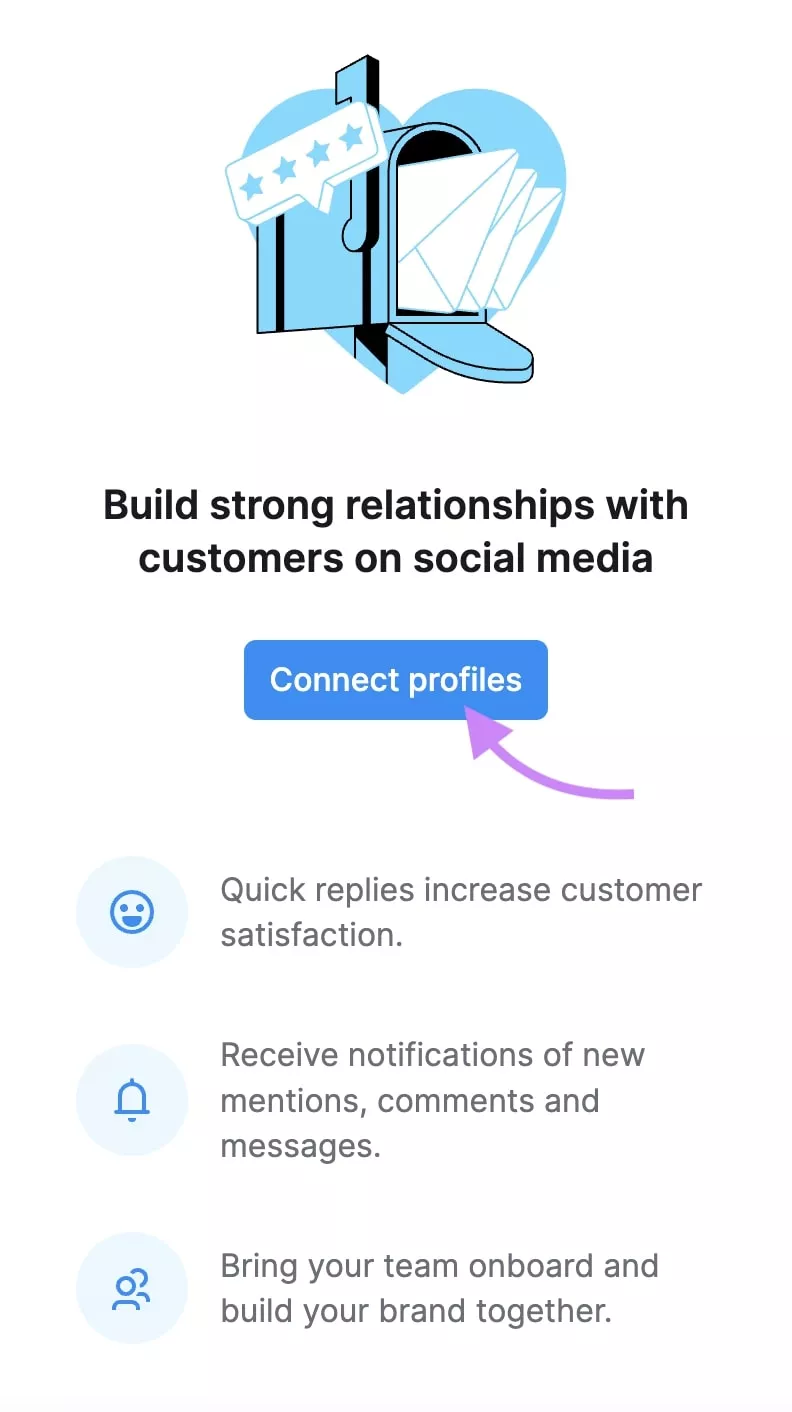 13 Top Social Media Monitoring Tools to Use in 2024 3 Semrush's 'Social Inbox' home with the 'Connect profiles' button clicked.
