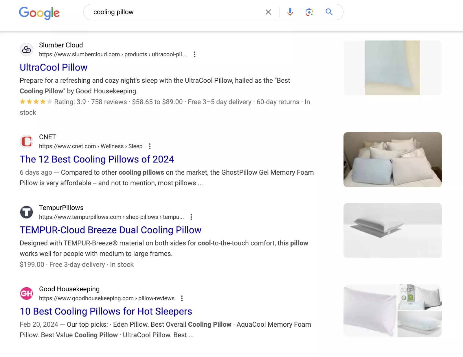A Beginner‘s Guide to Checking Traffic 3 serp for cooling pillow with images, product pages, and roundup pages