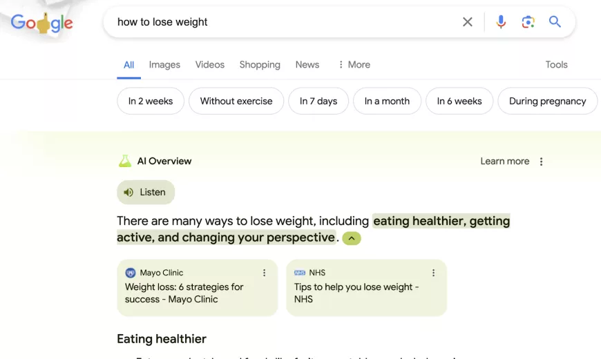 AI Overview in Google, showing results for “how to lose weight"