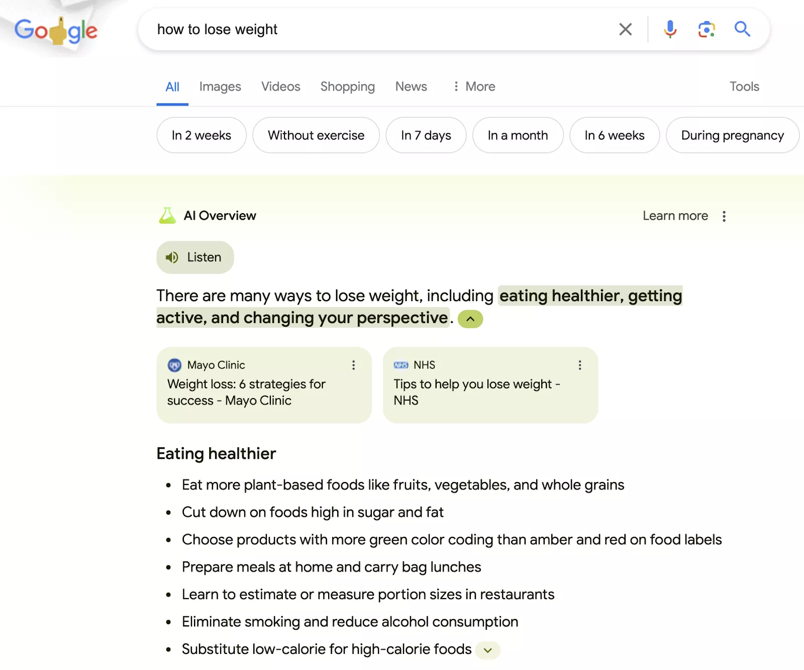 What Are They & How Do They Affect SEO? 3 AI Overview in Google, showing results for “how to lose weight"