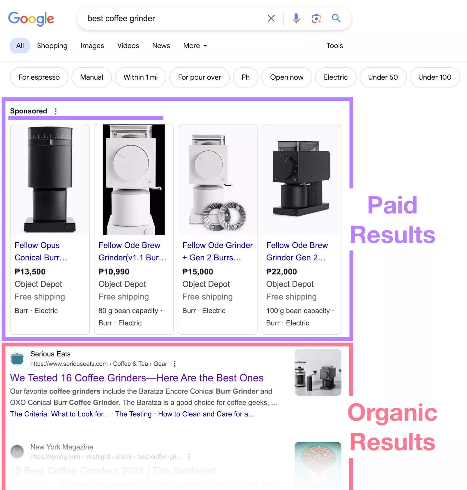 What Is Organic Content? Benefits, Types, and Best Practices 3 Google search results showing paid search results and organic search results.
