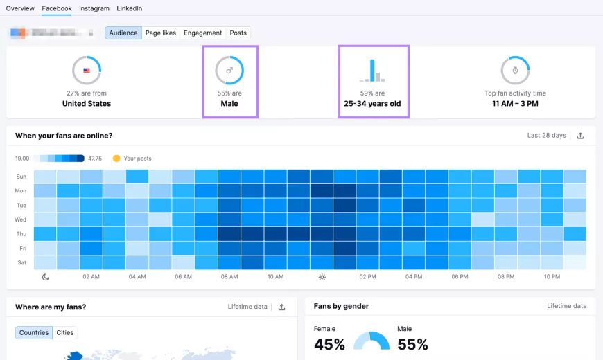 Social Analytics tool by Semrush showing when an audience is engaged online with heat block chart and age/gender demographics data