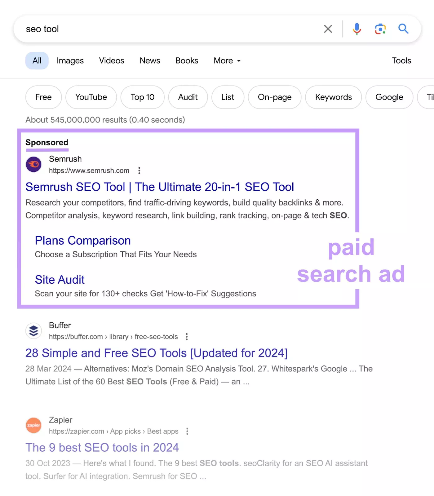 Google search results for the keyword "seo tool" showing a paid search result.