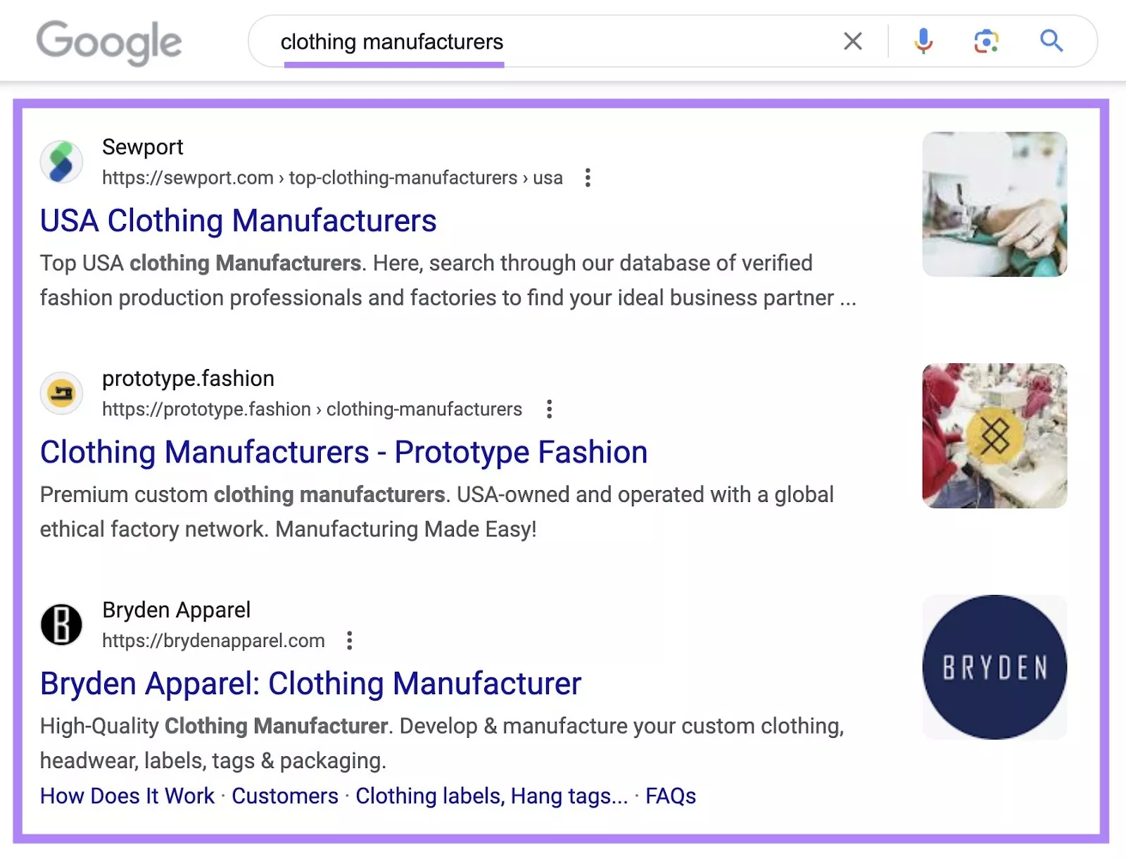 Google's SERP for the term "clothing manufacturers" with the top three results highlighted.