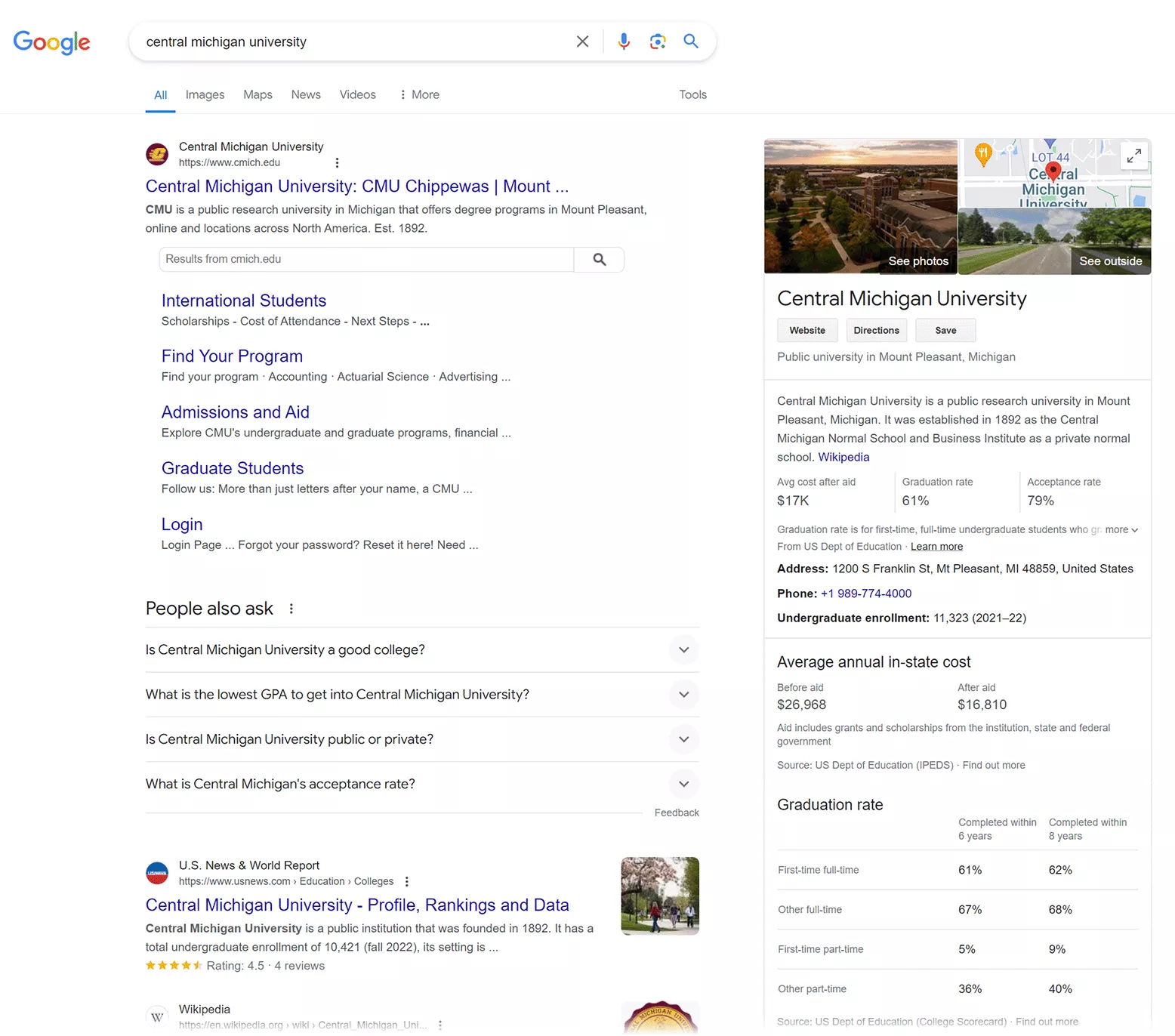 Google SERP for 'central michigan university' showing organic results and knowledge graph.