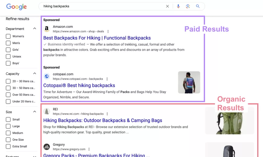 Paid results show a sponsored label next to them while organic results do not