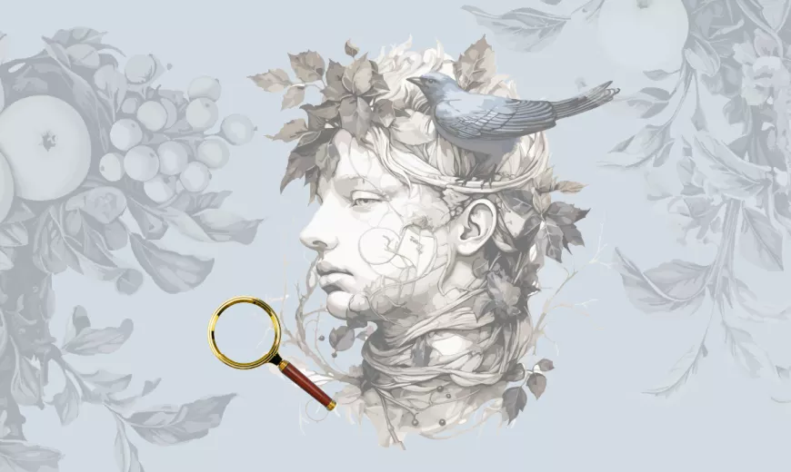 Ancient Greek bust with a blue bird on it's head beside a magnifying glass