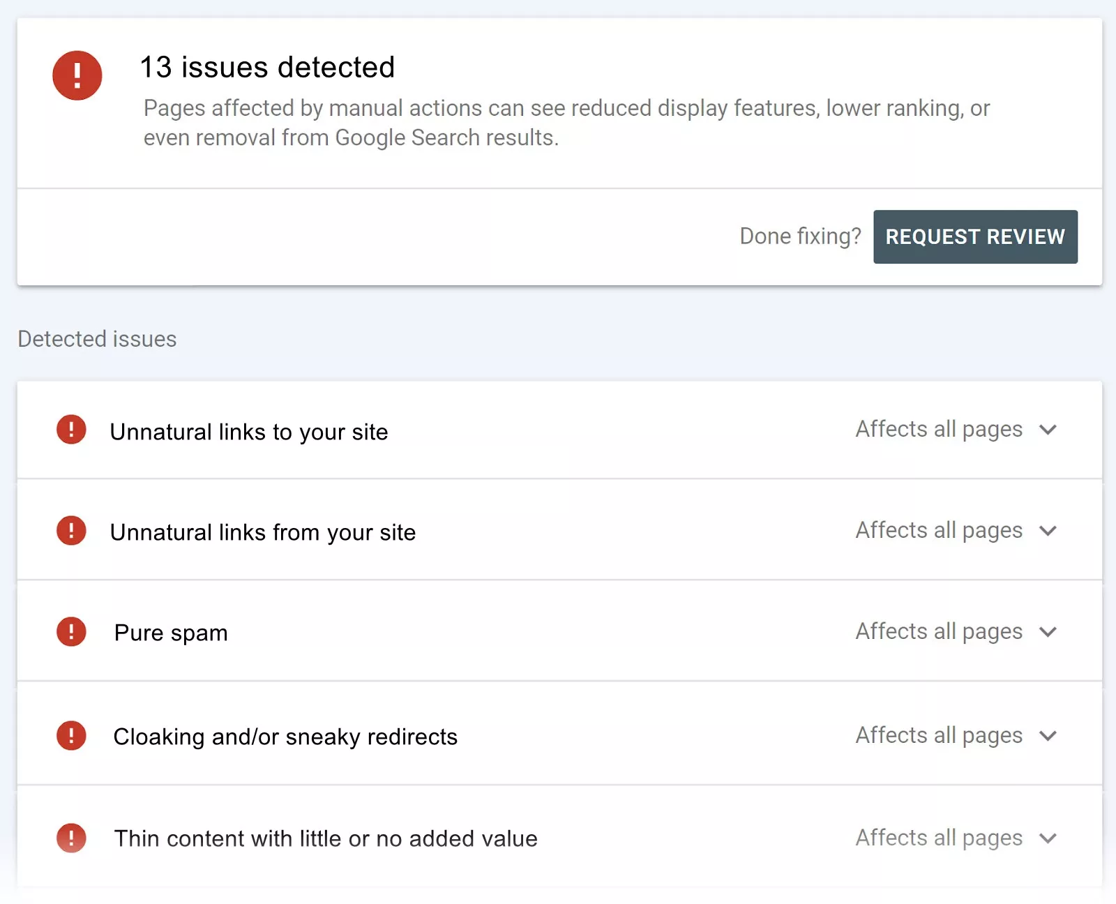 list of detected issues and penalties due to spam links. issues include things like unnatural links to and from your site, pure spam, cloaking, and more